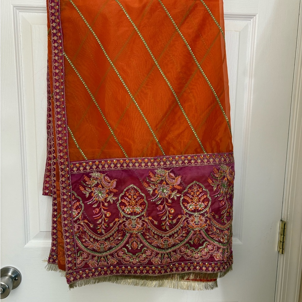 Orange and Pink Embroidered dupatta